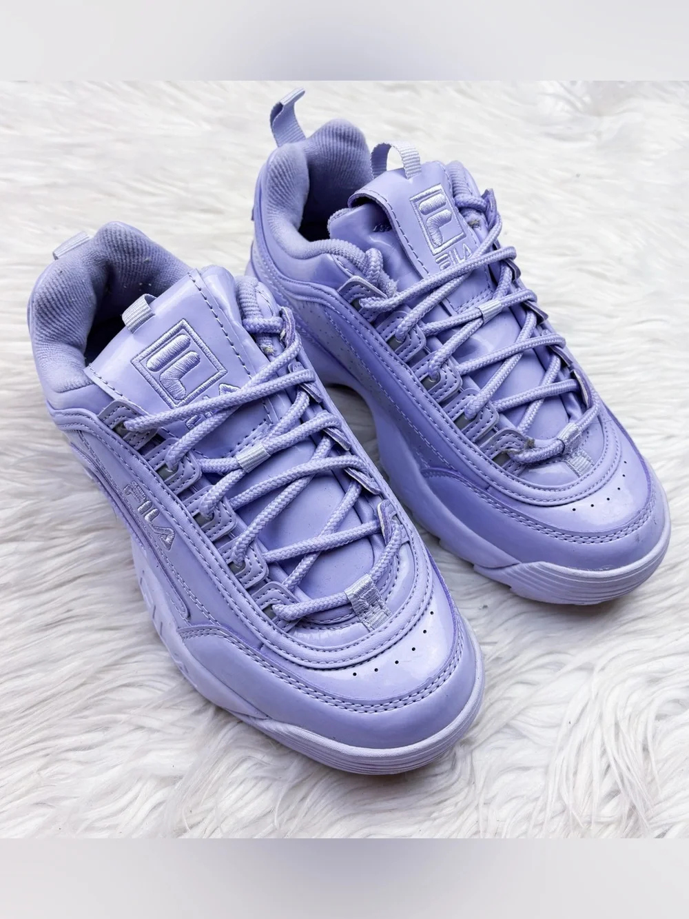Fila Disruptor II Premium Patent Sneaker Lilac Lavender Purple Womens 6 Platform